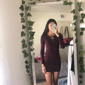 Burgundy Maroon Bodycon Dress with Lace up